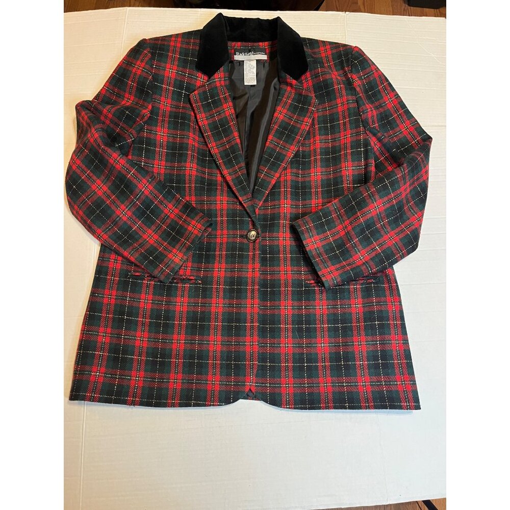 Radcliffe By Sag Harbor Womens Plaid Blazer 14 Wool Blend Black Velvet Collar